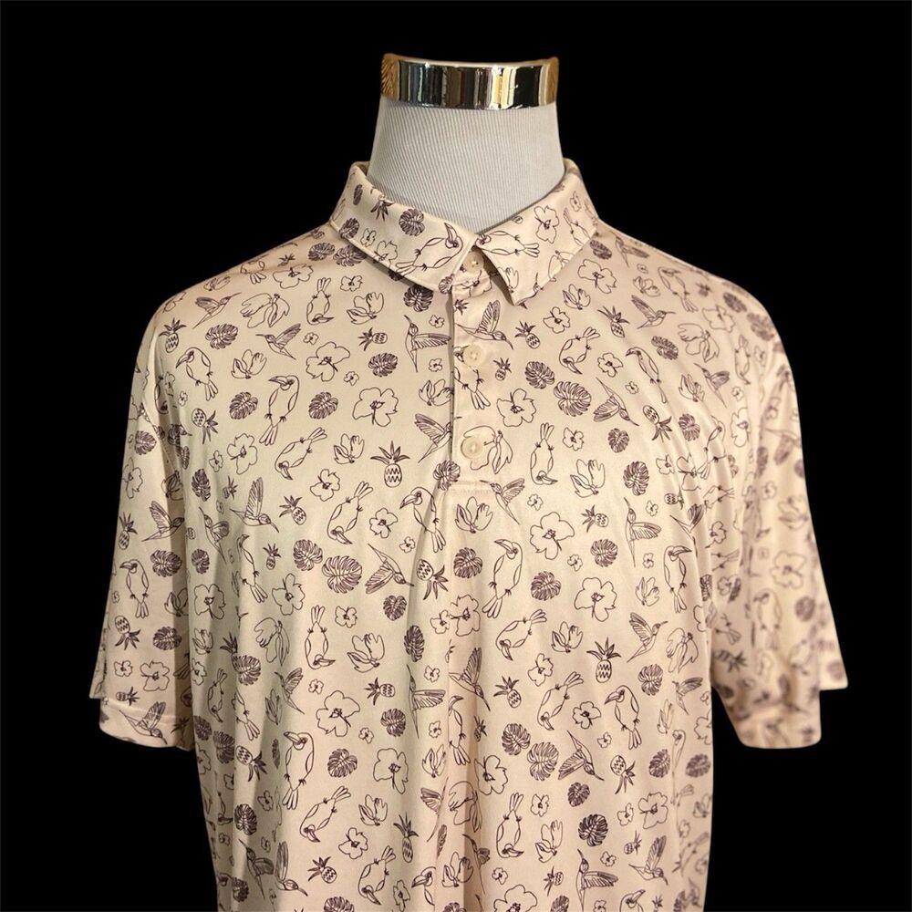 Golf Hummingbird Tropical Bird Floral Beige Cream Tan Polo Shirt Men’s 2XL